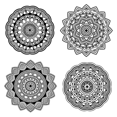 beautifull black simple orient mandala set on white background, indian motif, four elements, vector illustrationのイラスト素材
