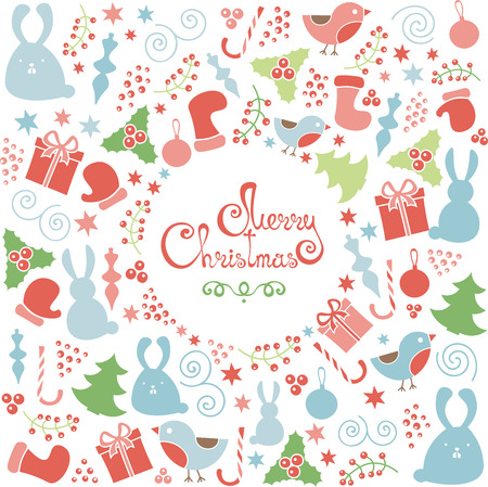 Christmas set of doodle design elements, vector Merry Christmas greeting card template. Winter holiday pattern, lettering in circleのイラスト素材