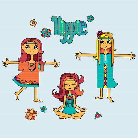 Group of happy hippie girls with lettering and flowers, bright colored handdrawn vector. Love and peace illustration.のイラスト素材