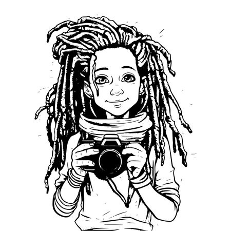 girl photographer with dreads, black line artのイラスト素材