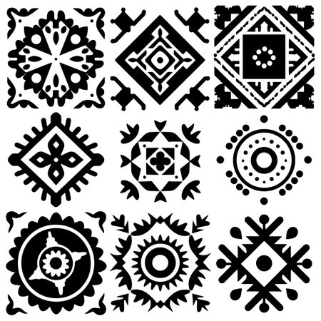 set of six black stensils, square shape, goa styleのイラスト素材