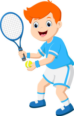 Cartoon Cute kids boy playing tennisのイラスト素材