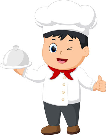 Cartoon kid chef holding a silver platterのイラスト素材