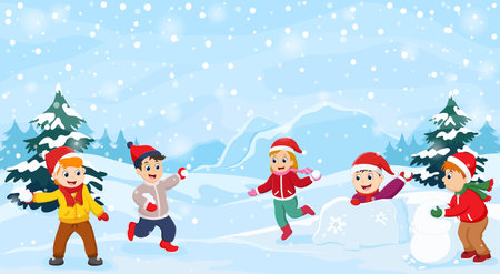 Group of children playing together in wintertimeのイラスト素材