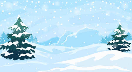 Winter snow landscape with snowflakes falling from sky. Christmas winter scenery of cold weatherのイラスト素材