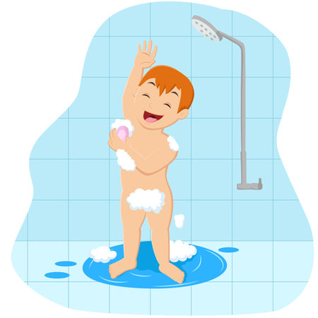 Cartoon happy little boy taking a bathのイラスト素材