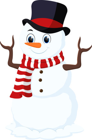 Cartoon Christmas Snowman wearing a Hat and red scarfのイラスト素材