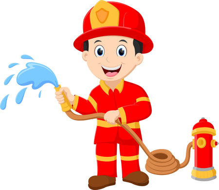 Cartoon Firefighter pours from a fire hoseのイラスト素材