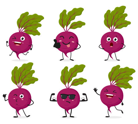 Set of cartoon purple beetroot character isolated on white backgroundのイラスト素材