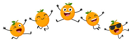 Happy cartoon orange fruit jumping with many expressionのイラスト素材
