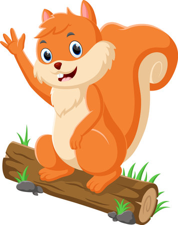 Cartoon funny squirrel on log woodのイラスト素材