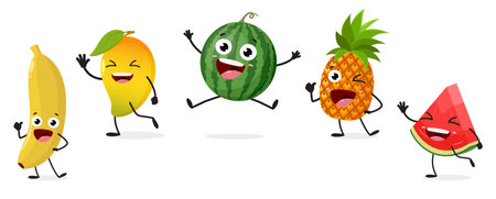 Happy watermelon, pineapple, mango, banana fruits cartoon charactersのイラスト素材