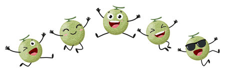 Cartoon happy cantaloupe melon jumping with many expressionのイラスト素材