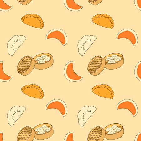 Doodle dumpling pattern background. Cartoon hand drawn Chinese food, Chinese cuisine and Asian food background. Fried dumpling, boiled dumpling and steamed dumpling.のイラスト素材