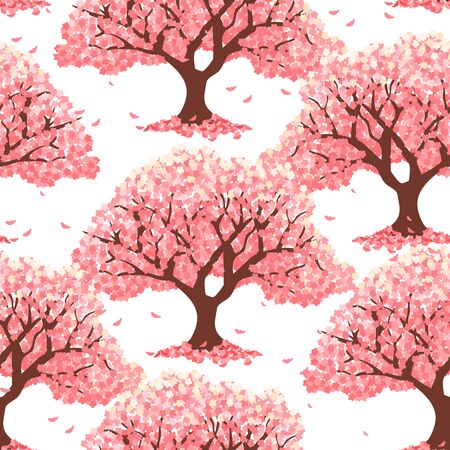 Pink cherry blossom tree or cherry tree background. Japanese sakura pattern background. Asian spring floral tree pattern background. Great for wallpaper, gifts, textile, card, packaging design.のイラスト素材