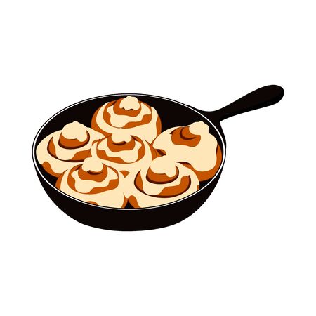 Doodle cinnamon buns or cinnamon rolls in cast iron skillet with cream cheese Icing isolated on white background. American style breakfast or dessert.のイラスト素材
