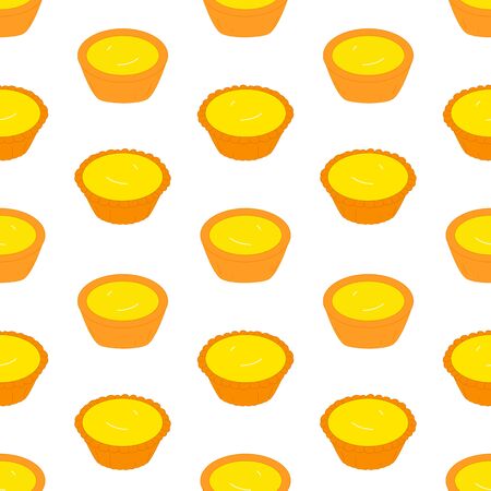 Doodle two types of egg tarts, custard tarts seamless pattern background. Cartoon hand drawn Chinese food, Hong Kong dim sum and Asian dessert background.のイラスト素材