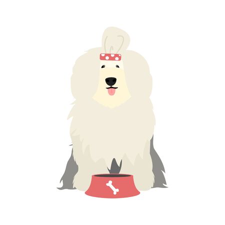 hungry Old English Sheepdog behind food bowl and licking with tongue isolated on white background. Cute cartoon long haired dog. Childish vector illustration. Great for icon, symbol, children's bookのイラスト素材