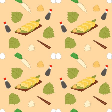 Tamagoyaki, dashimaki or Japanese omelette with daikon radish, soy sauce, vegetable, egg and chopsticks seamless pattern background. Japanese street food, Japanese snack and Asian food background.のイラスト素材