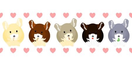 Cute cartoon mouse or small rodent eating seamless pattern background and borders with heart. Hand drawn chinchilla eating frame border seamless pattern. Great for children's book, wallpaper, sticker.のイラスト素材