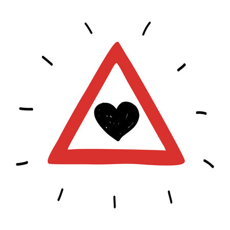 Drawing vector illustration of a heart inside a danger red triangle sign isolated on white background. Dangerous love conceptのイラスト素材