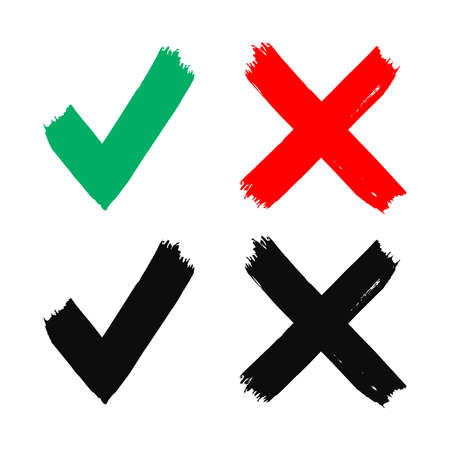 High quality V sign and X cross hand drawn vector icons isolated on white background - flat style...