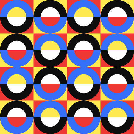 Abstract Art background vector seamless pattern. Primary colors semicircles ornaments. Modern graphic design. Colorful wallpaper backdrop. Digital paper, textile print, web designのイラスト素材