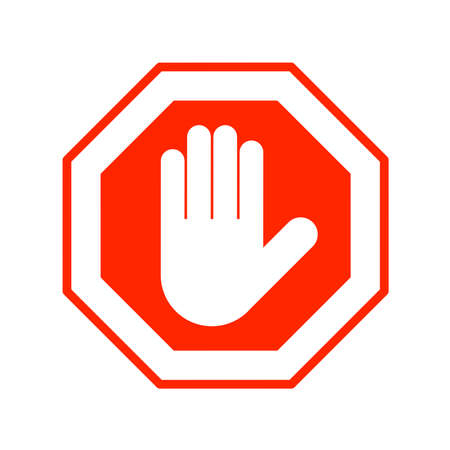 Access denied vector flat style illustration - White hand blocked concept red sign isolated signageのイラスト素材