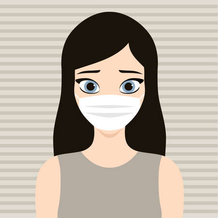 Beautiful vector brunette fashion girl illustration. Lovely proud woman wearing anti covid-19 face mask.のイラスト素材