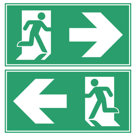 Emergency exit to the left - right sign vector illustration. Green international version of directional evacuation danger signage - High quality editable pictogramのイラスト素材