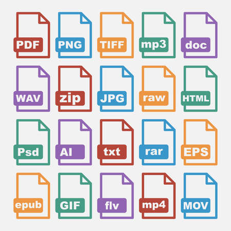 Vector icons set of digital file formats (PDF, Mp3 and more) - Various colors isolated on white backgroundのイラスト素材