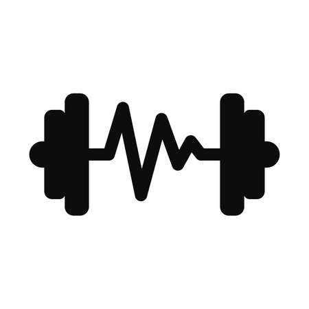 Vector black illustration of healthy fitness concept icon. Dumbbell black silhouette with heart pulse symbolのイラスト素材
