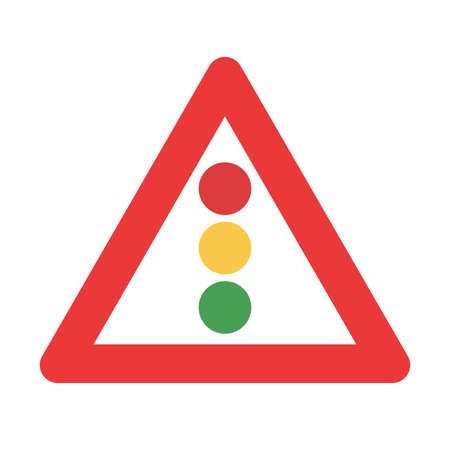 Traffic light inside a triangular warning red sign isolated on white background - Vector illustration of a semaphore danger signpostのイラスト素材
