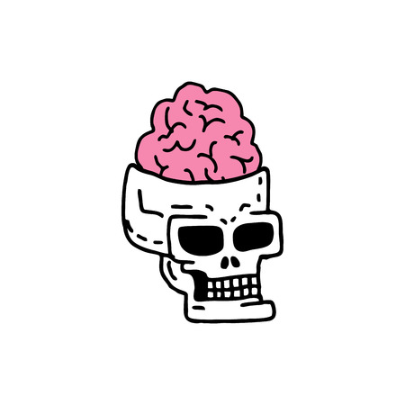 Skull with brains drawning. head of skeleton with convolutions of cartoon styleのイラスト素材