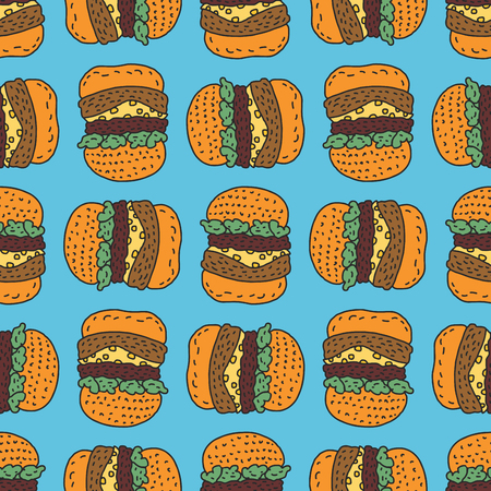 Hamburger drawing pattern. Big burger cartoon style background. Fast food ornamentのイラスト素材