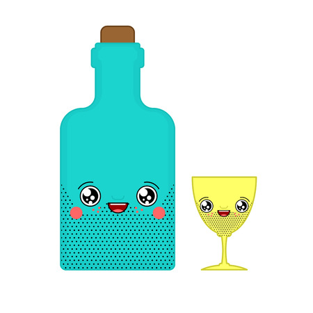 Alcohol and glass kawaii Cute cartoon. Funny Bottle. Sweet Drink vector illustrationのイラスト素材