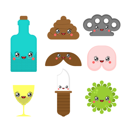 Kawaii Adult characters set Cute. cartoon Funny Shit and ass. Knife and Brass knuckles. Alcohol and virus. Fuck and mustacheのイラスト素材