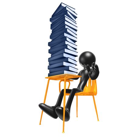 Student Shocked By Large Stack Of School Booksの写真素材
