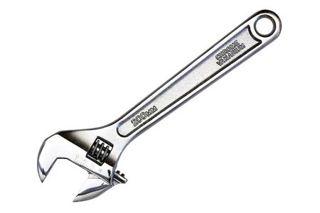 Chrome adjustable wrench on a white background.の写真素材