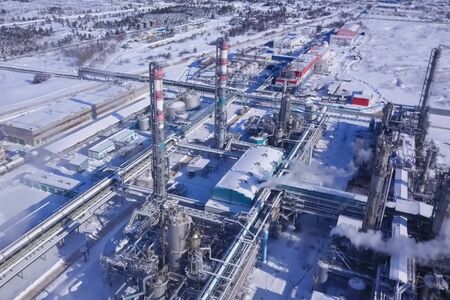 top view of the oil refinery and petrochemical plant in winter.の写真素材