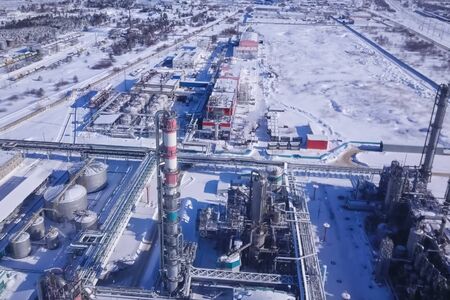 top view of the oil refinery and petrochemical plant in winter.の写真素材