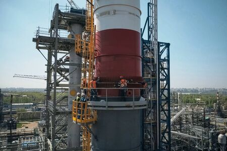 Moscow, Russia - May 17, 2018: Construction of a petrochemical plant, installation of technological...