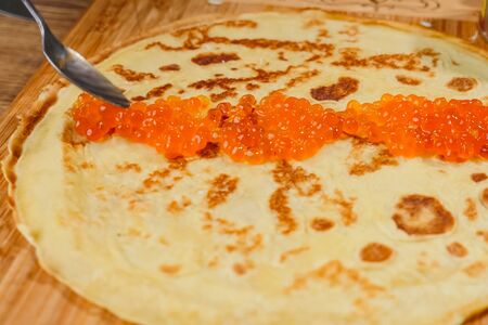 Pancakes with red caviar. red caviar foodの写真素材