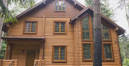 Constructed from a wooden log house, wooden house.の写真素材