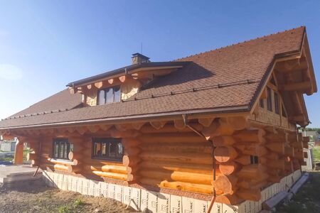 Moscow, Russia - June 20, 2017: Constructed from a wooden log house, wooden house.のeditorial素材