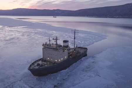 a Ice enpalled naldo, ice breaking ship.の写真素材