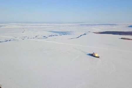 a Ice enpalled naldo, ice breaking ship.の写真素材