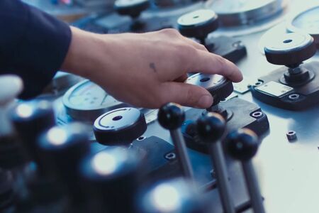 Hydraulic control levers. Drilling platform control panel.の写真素材