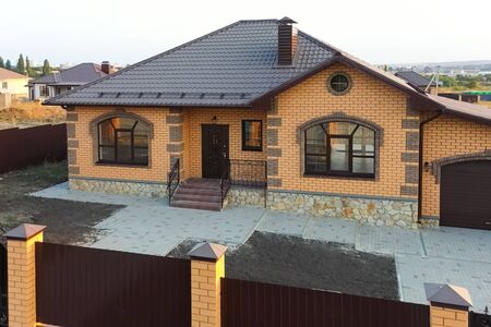 Modern roof made of metal. Corrugated metal roof and metal roofing.の写真素材