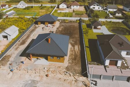 Modern roof made of metal. Corrugated metal roof and metal roofing.の写真素材